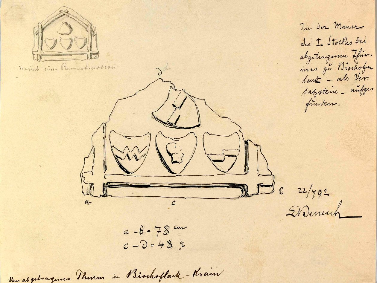 Disegno di un rilievo dalla torre a Skofja Loka da Ladislav Benesch