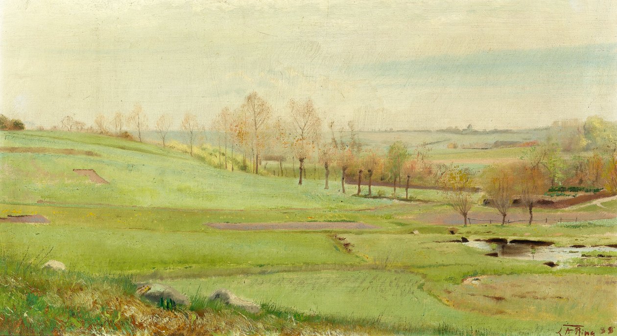 Paesaggio rurale con campi verde chiaro; uno stagno a destra Mogenstrup da Laurits Andersen Ring