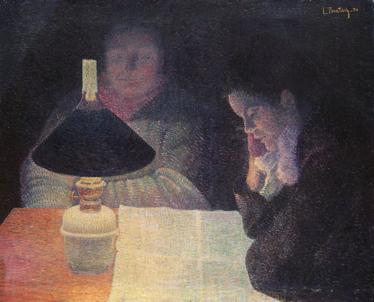 Lettura sotto la Lampada, 1890 da Leon Pourtau