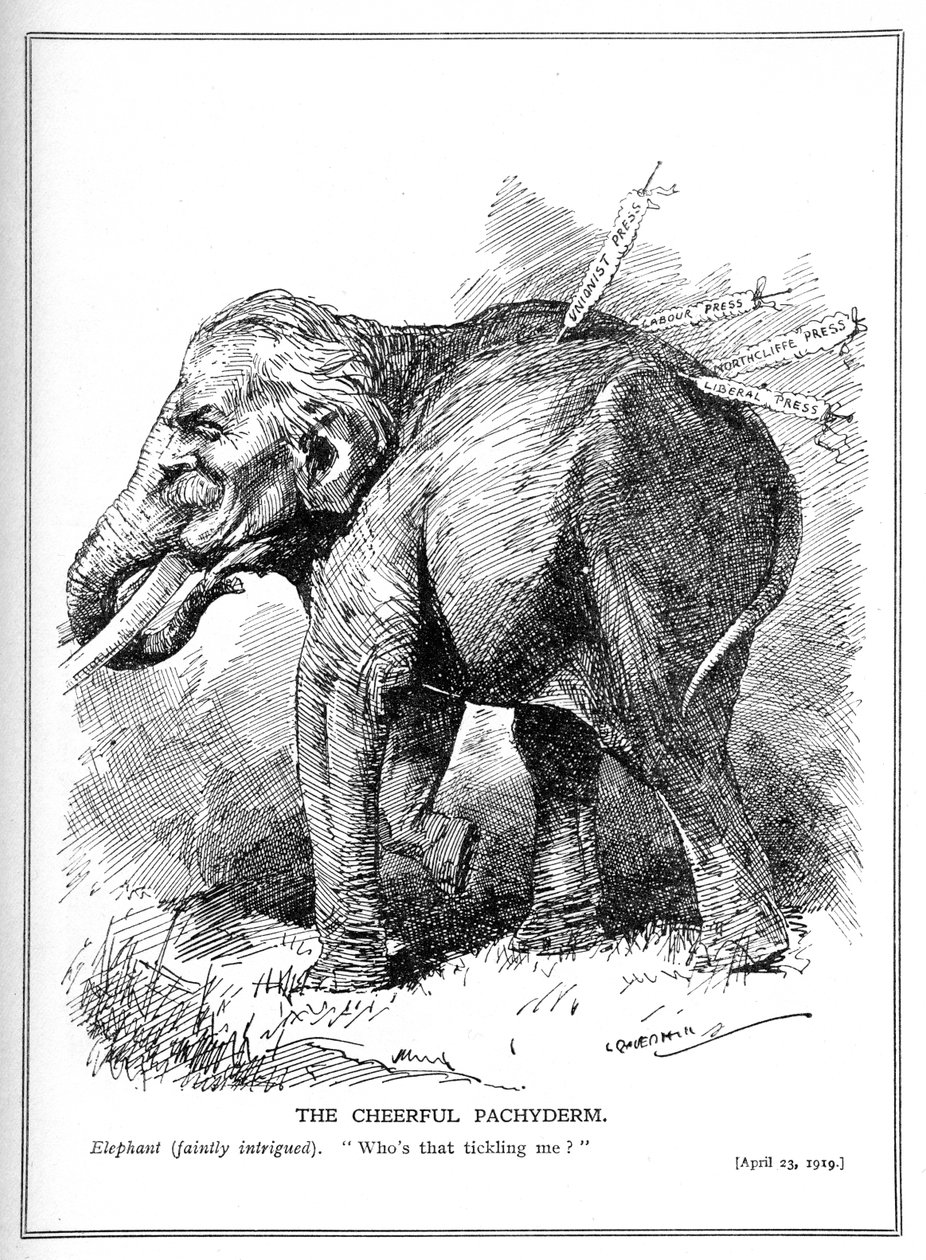 Lloyd George, ritratto come un elefante, non presta attenzione alle critiche della stampa, aprile 1919 da Leonard Raven Hill