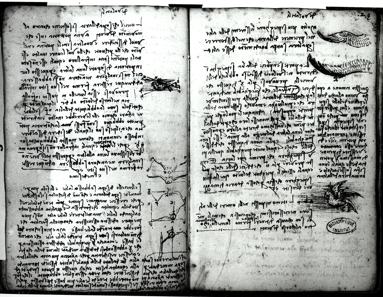 Manoscritto di Parigi E, fol. 22v e 23r: Schizzo del volo degli uccelli, 1513-14 da Leonardo da Vinci