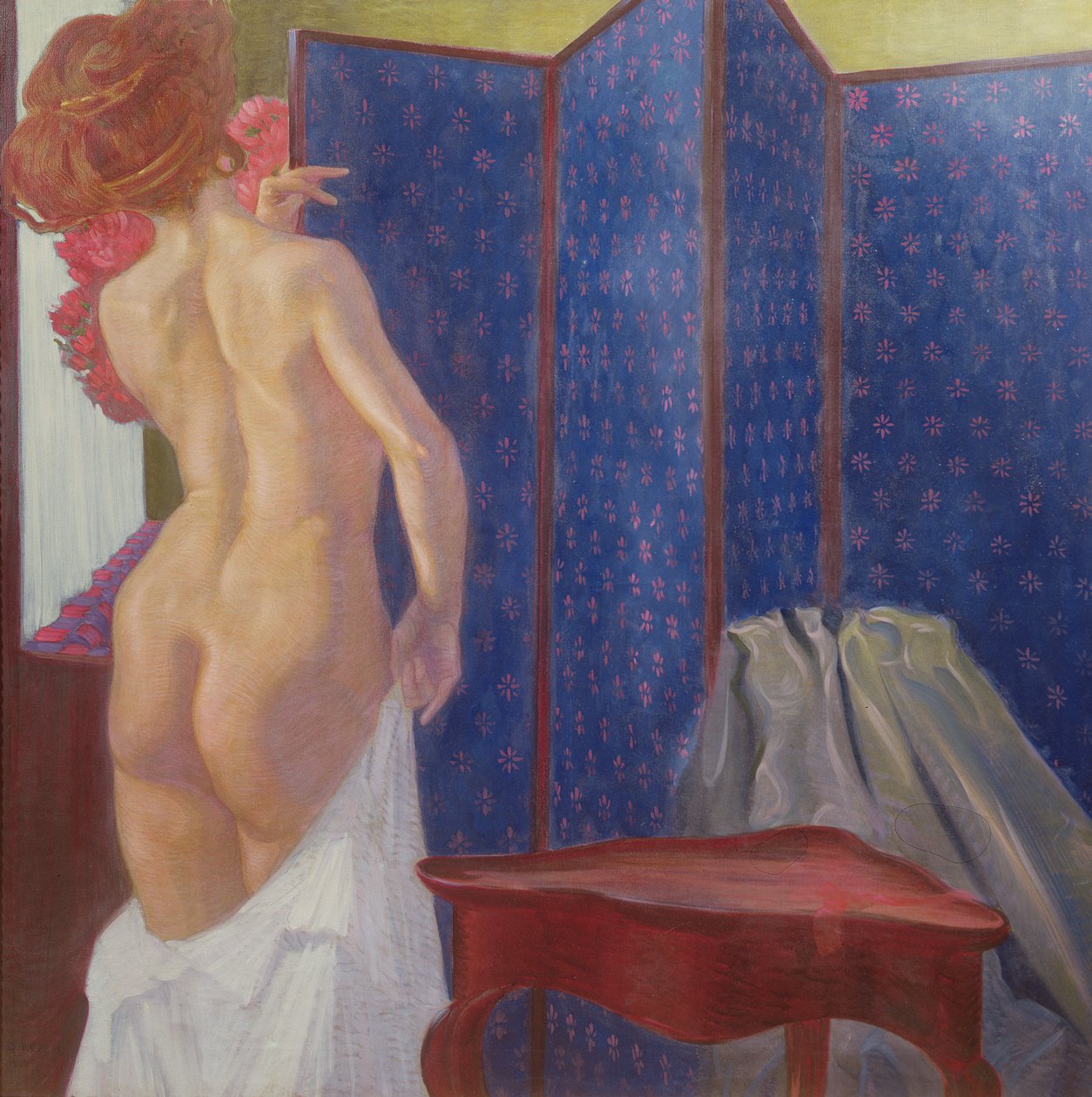 Nudo femminile vicino a uno schermo da Leopold Blauensteiner