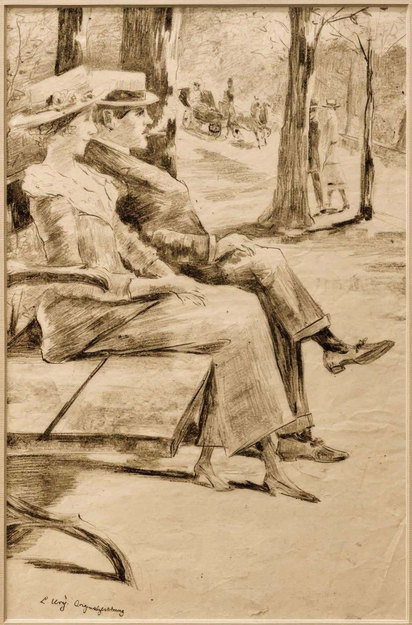 Signora e signore che fuma su una panchina nel giardino zoologico da Lesser Ury