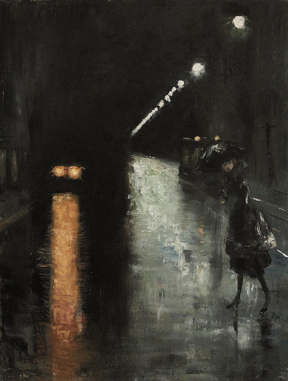 Scena notturna di strada, Berlino Leipziger Straße da Lesser Ury