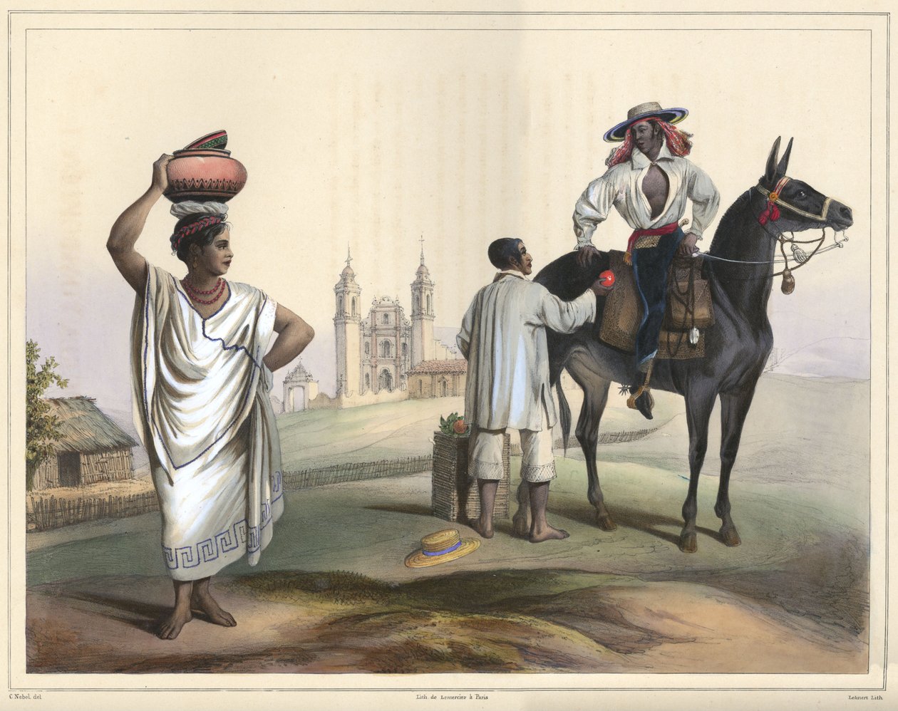 Gente di Tierra Caliente tra Papantla e Misantla. Gruppo di costumi. Litografia colorata a mano evidenziata con gomma arabica. Dimensione originale (linee nette) da Lithograph by Pierre Frédéric Lehnert