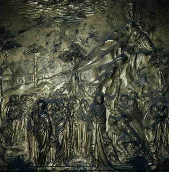 La storia di Mosè sul Monte Sinai, dettaglio dalle Porte del Paradiso, 1425-52 (bronzo) da Lorenzo Ghiberti