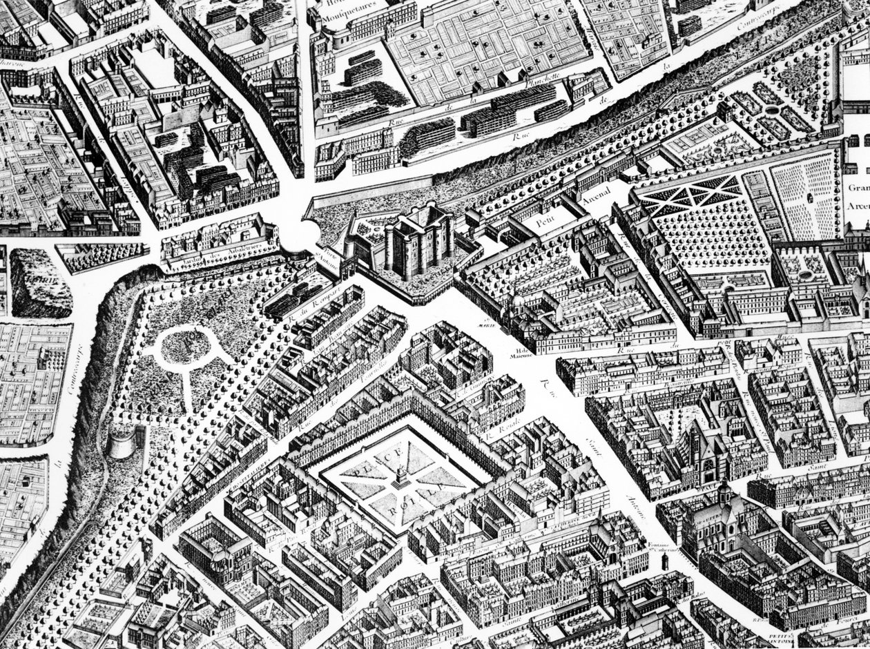 La Bastiglia, la Place Royale ora Place des Vosges e la Rue Saint-Antoine (dettaglio dal Piano di Parigi, noto come il Piano di Turgot) da Louis Bretez