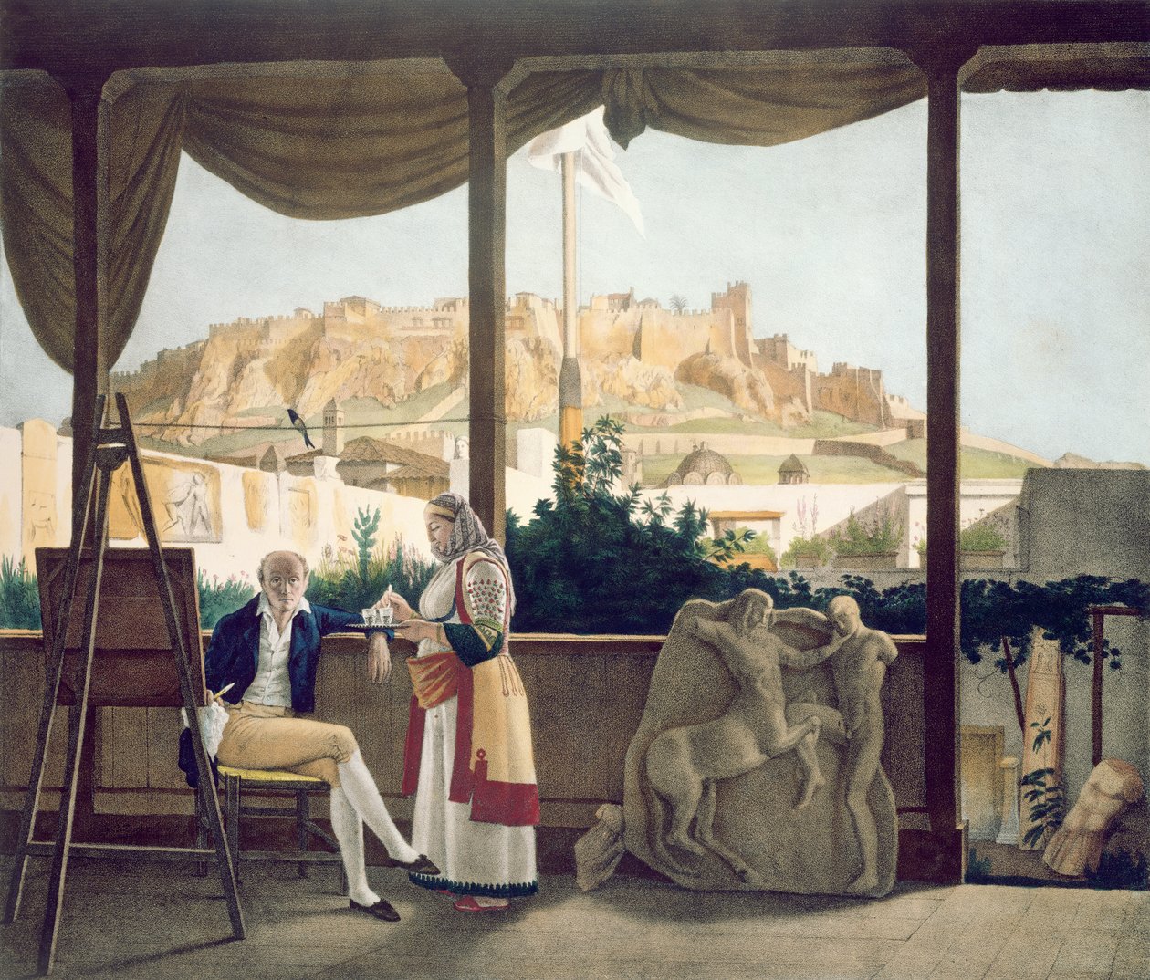 Il console francese, Monsieur Fauvel, sulla terrazza della sua casa ad Atene, inciso dai fratelli Thierry, 1825 da Louis Dupré