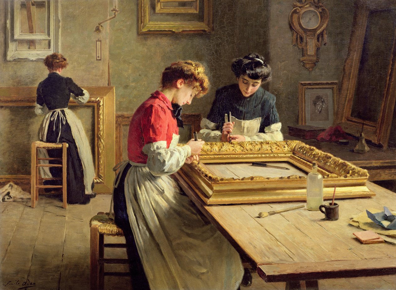 Interno di un laboratorio di doratura di cornici da Louis Emile Adan