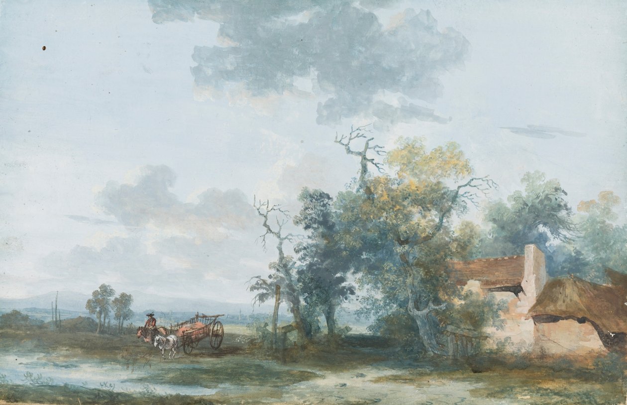 Paesaggio con una capanna e un uomo su un cavallo e un carro da Louis Gabriel Moreau