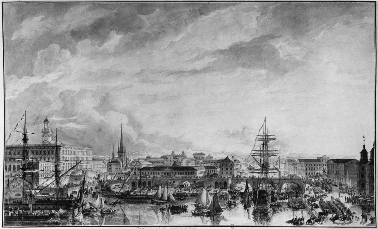 Vista di Stoccolma, fine XVIII secolo (penna e lavaggio su carta) da Louis Jean Desprez