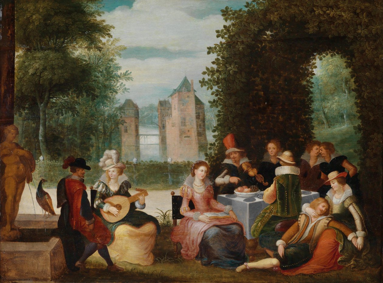 Società elegante che suona musica in un parco da Louis de Caullery