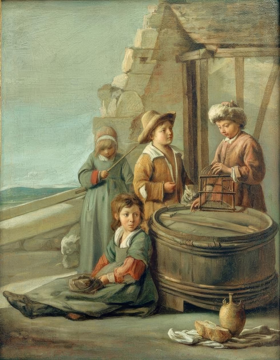 Bambini con gabbia per uccelli e gatto da Louis le Nain