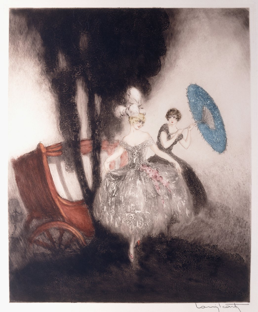Due ragazze che si preparano a salire su una carrozza da Louis Icart