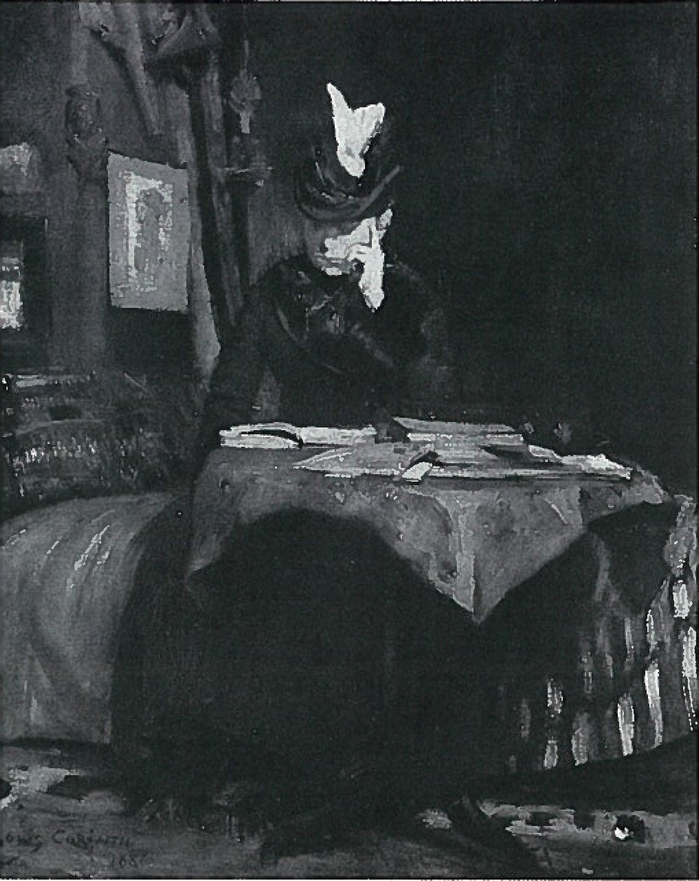 Signora che legge al tavolo da Lovis Corinth