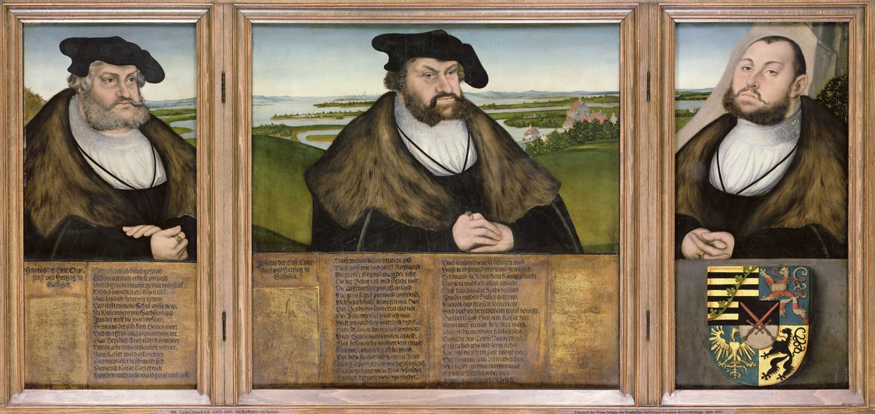 Elettori di Sassonia: Federico il Saggio (1482-1556) Giovanni il Costante (1468-1532) e Giovanni Federico il Magnanimo (1503-54) 1532 da Lucas Cranach the Elder