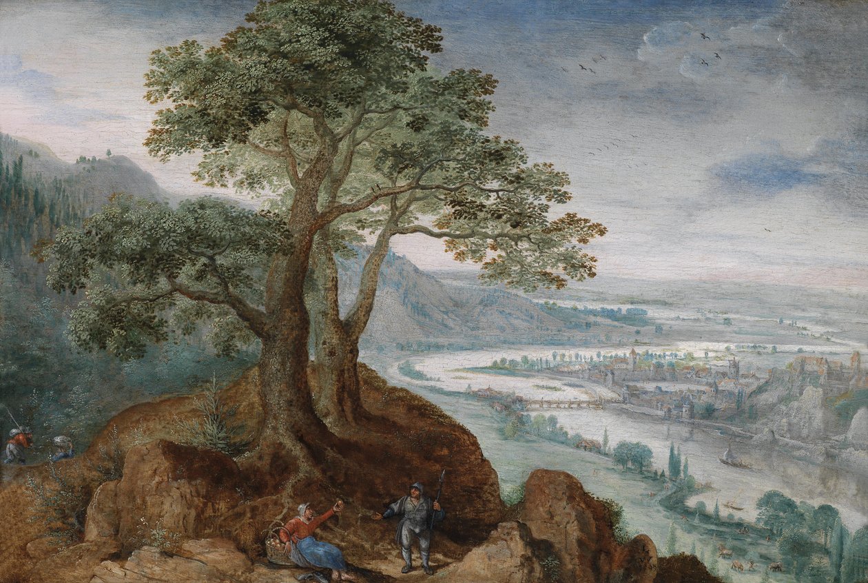 Veduta di Pöstlinberg sulla città di Linz con una contadina e un viandante su un sentiero in primo piano da Lucas van Valckenborch