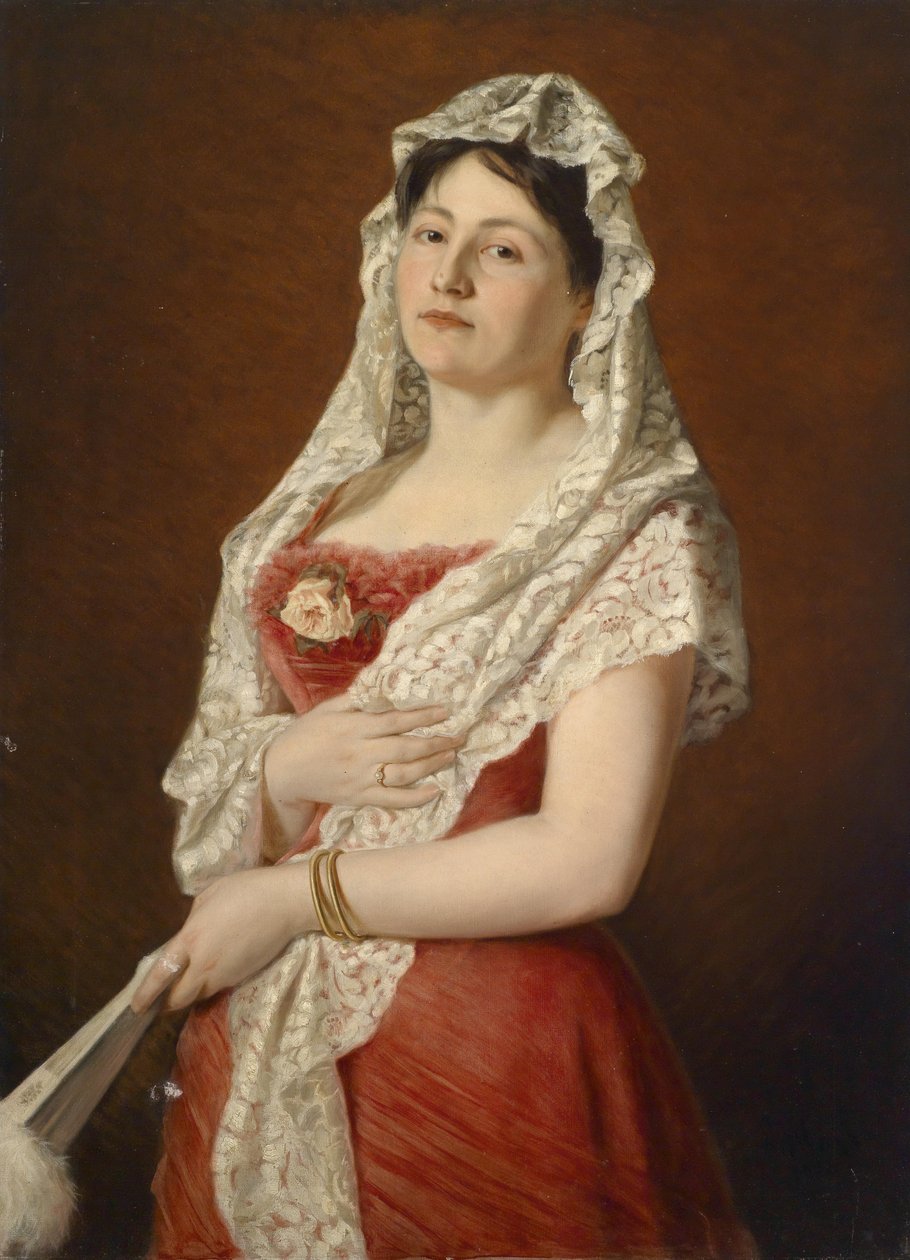 Ritratto di una signora con mantiglia di pizzo bianco e ventaglio da Ludwig Gloss