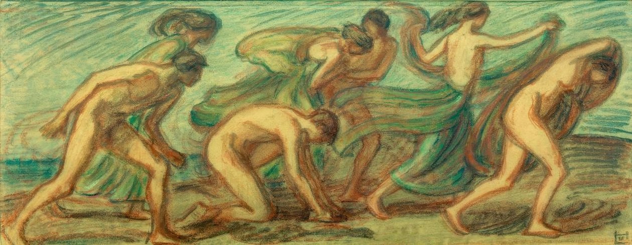 Sette figure in movimento con teli da Ludwig von Hofmann
