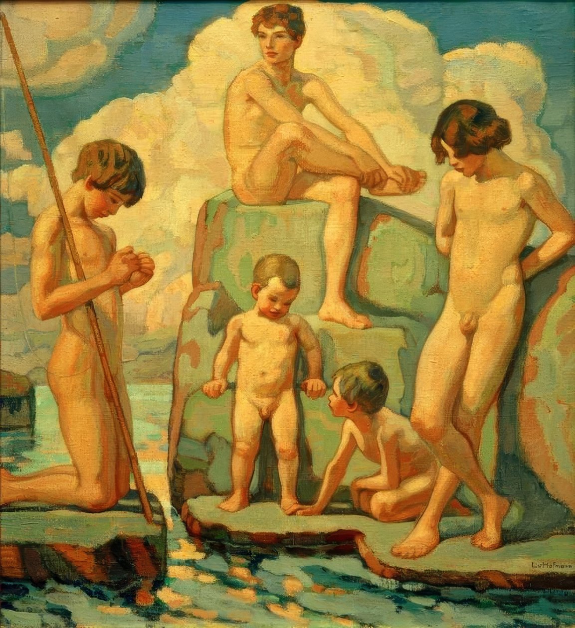Cinque ragazzi sulle rocce da Ludwig von Hofmann