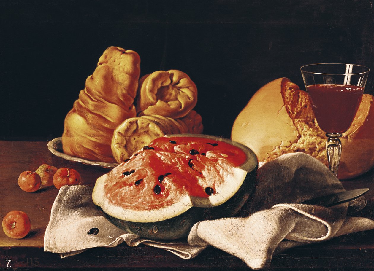 Bicchiere di vino, anguria e pane da Luis Egidio Melendez
