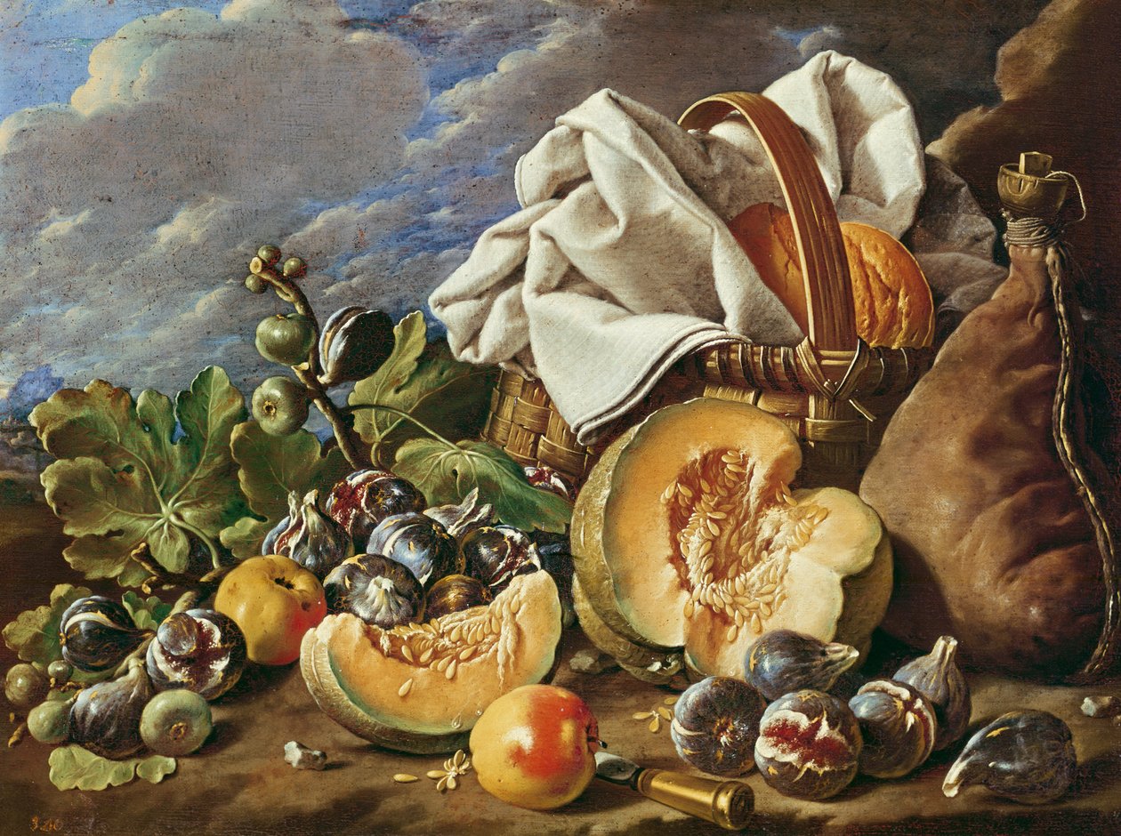 Natura morta con fichi, cesto di vimini, zucca, pane, otre di vino e coltello da Luis Egidio Melendez