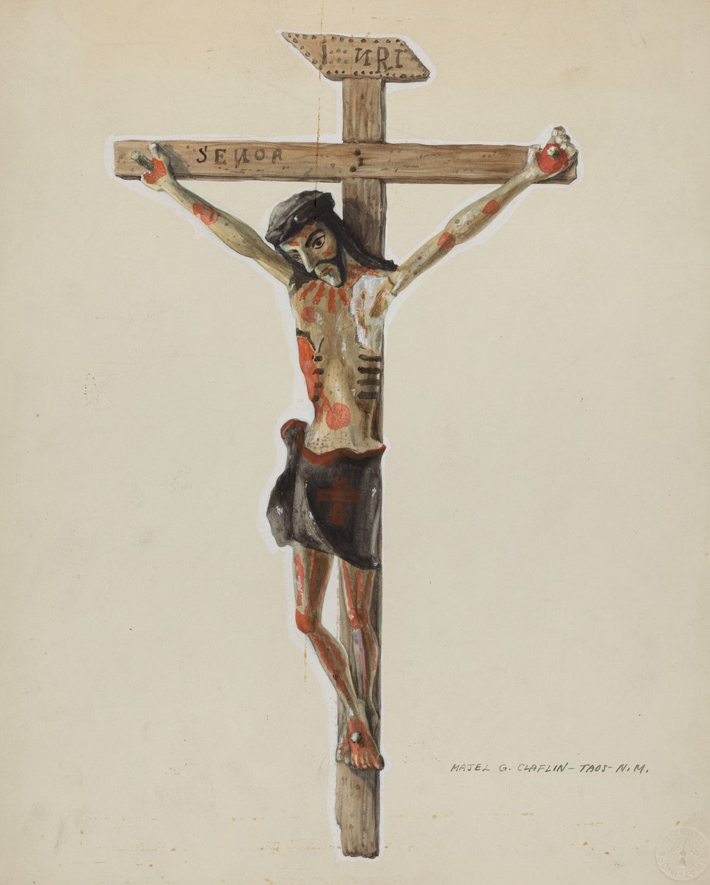 Crocifisso in legno dipinto da Majel G. Claflin