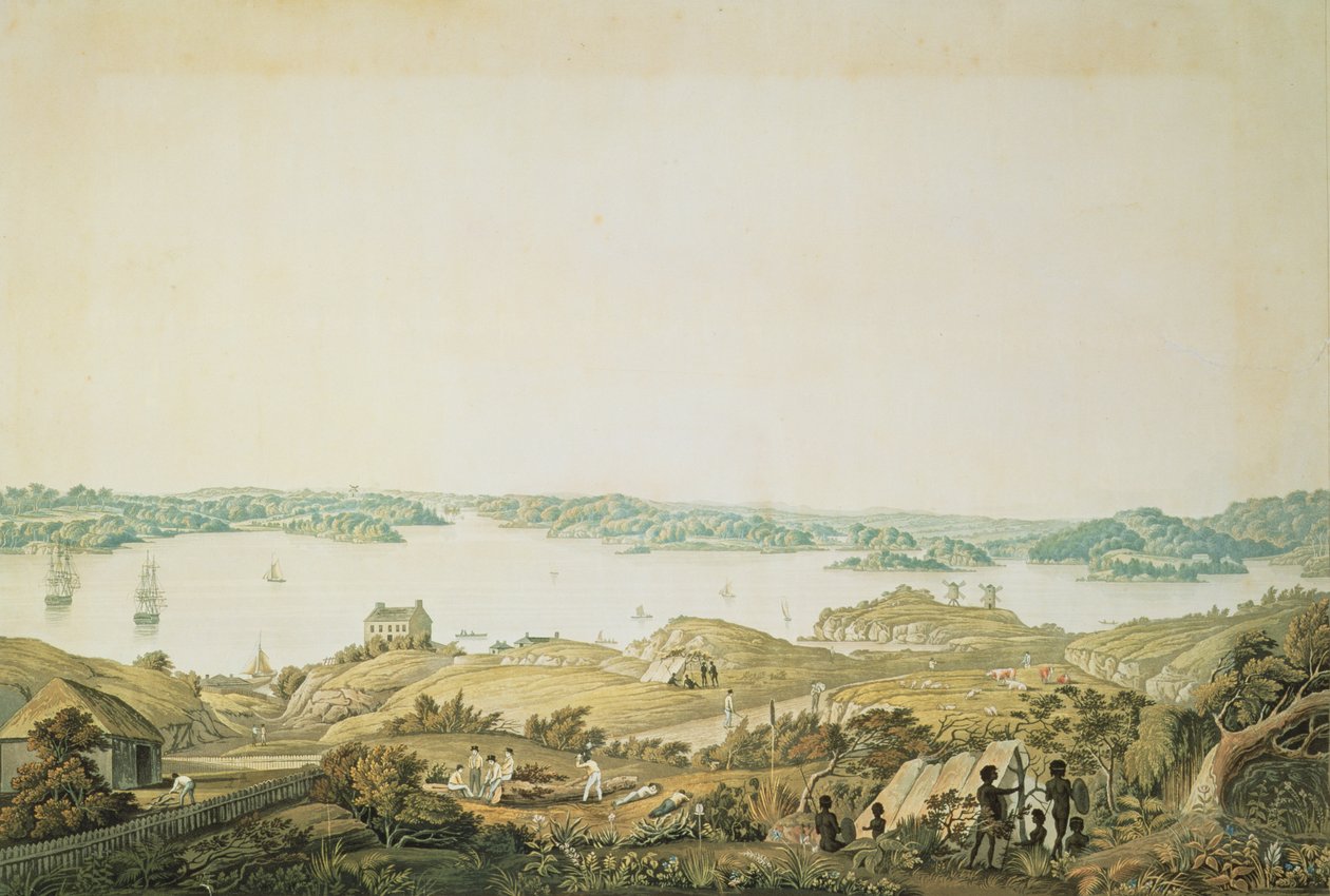 Parte del porto di Port Jackson e il paese tra Sydney e le Blue Mountains, Nuovo Galles del Sud, sezione destra di una vista panoramica, c.1821 da Major James Taylor