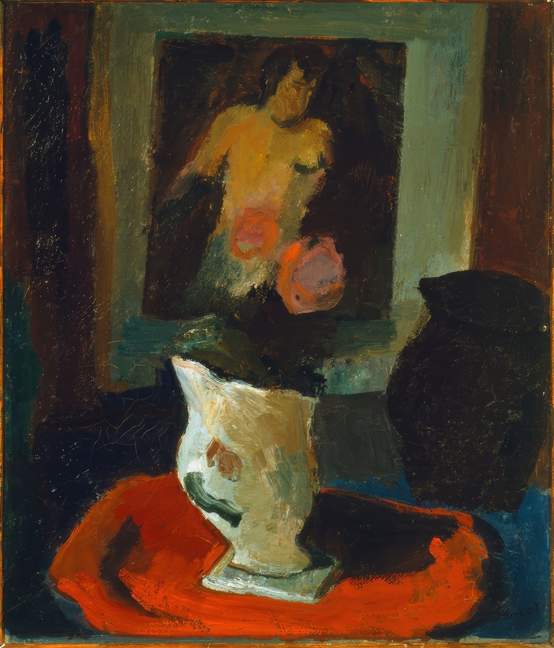 Nudo, vaso bianco e tappeto rosso da Marcel Poncet