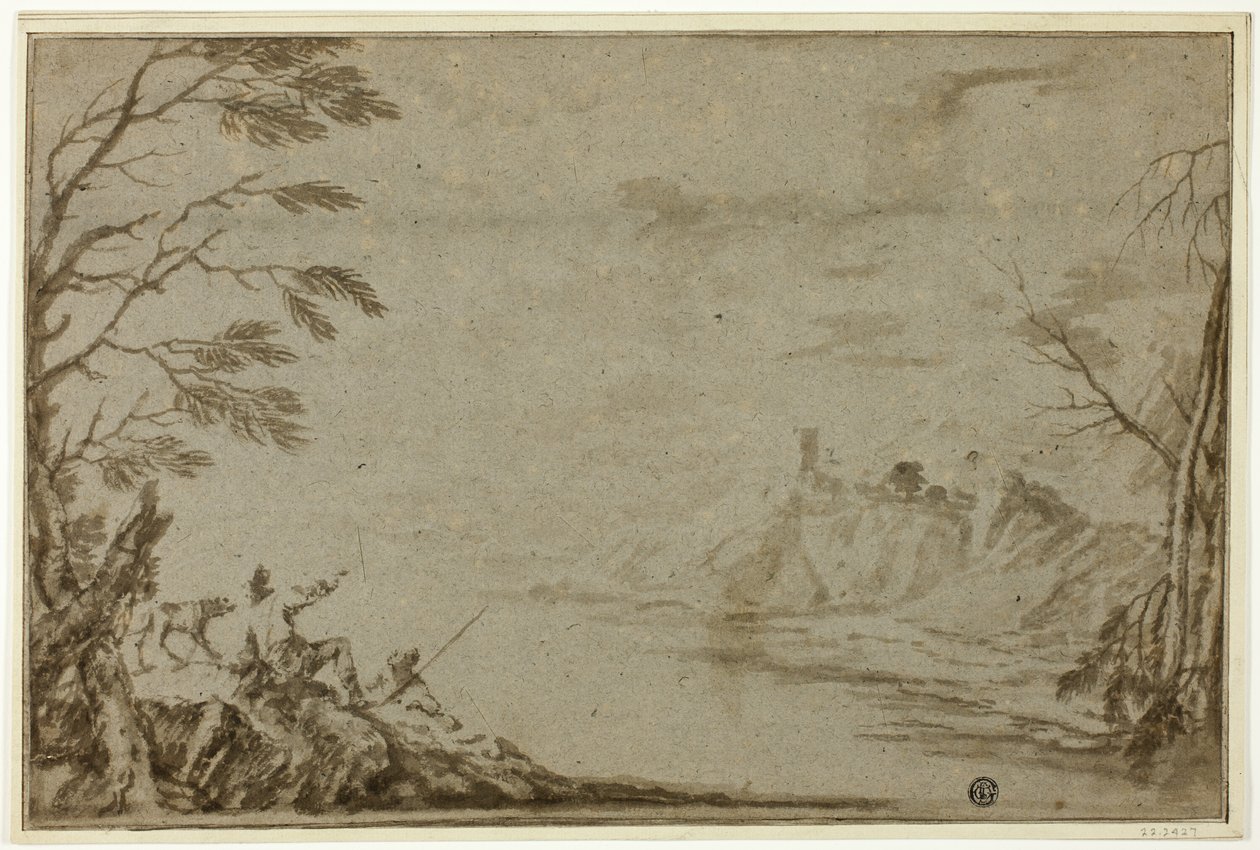 Cacciatori con cane accanto al fiume da Marco Ricci