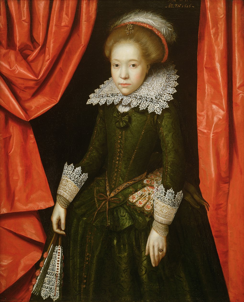 Ritratto di una ragazza della famiglia de Ligne, 1616 (uno di una coppia) da Marcus Gheeraerts