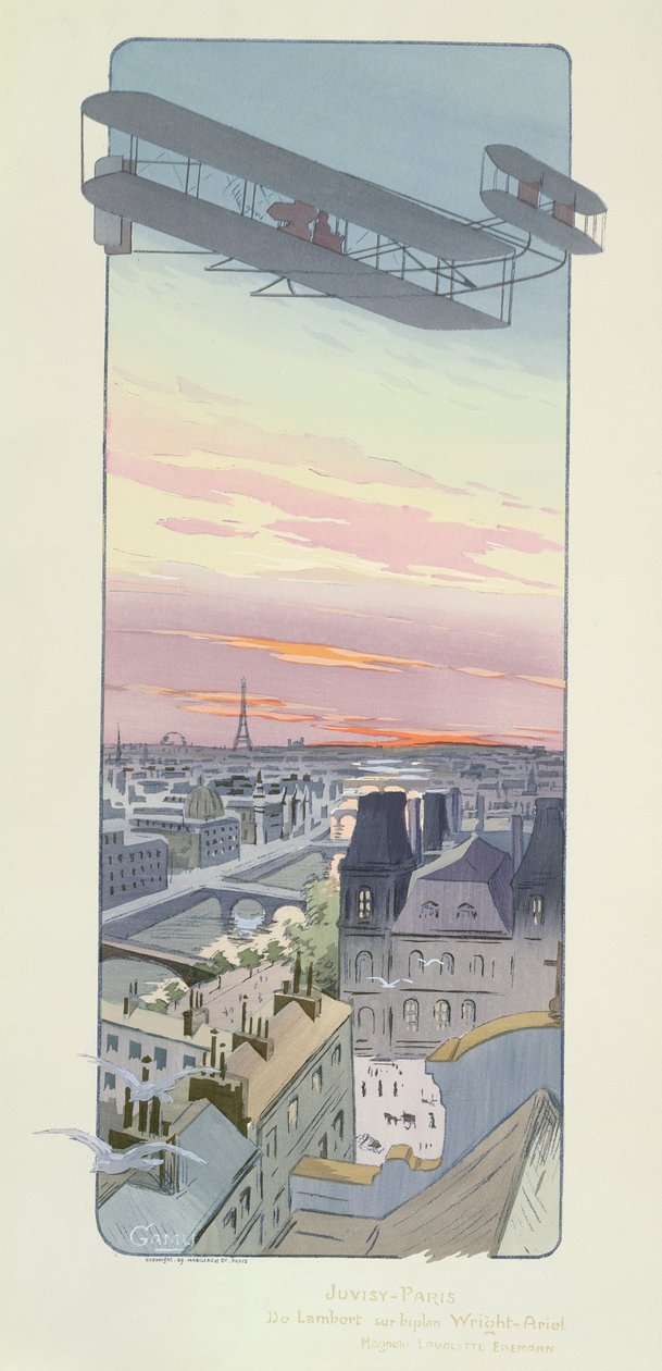 Conte Charles de Lambert che vola su un biplano Wright-Ariel, Juvisy, Parigi, pubblicato da Mabileau, Parigi, 1914 (stampa pochoir) da Marguerite Montaut