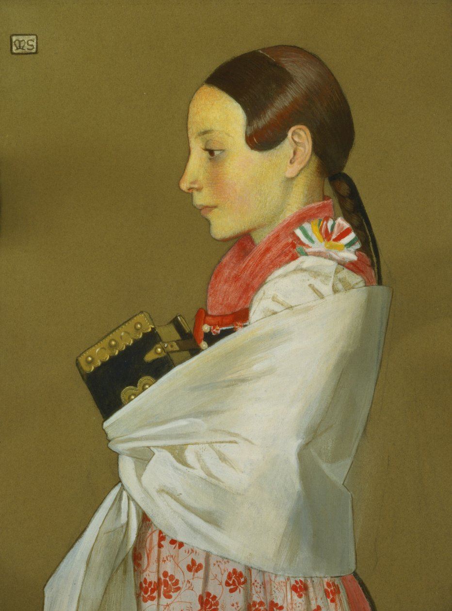 Giovane ragazza di Menguszfalva che va in chiesa, c.1905-07 da Marianne Stokes