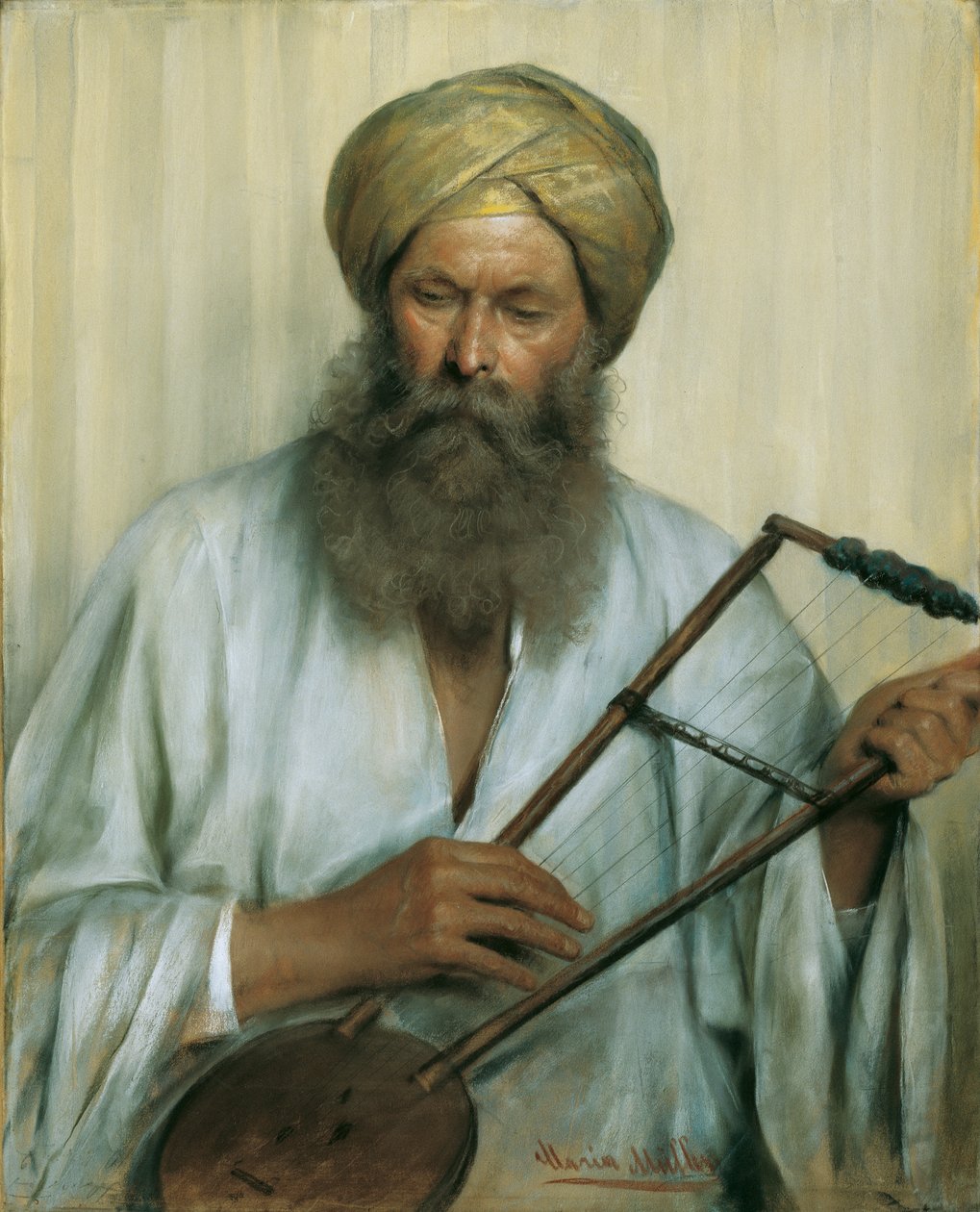 Orientale con caftano bianco e turbante giallo da Marie Müller