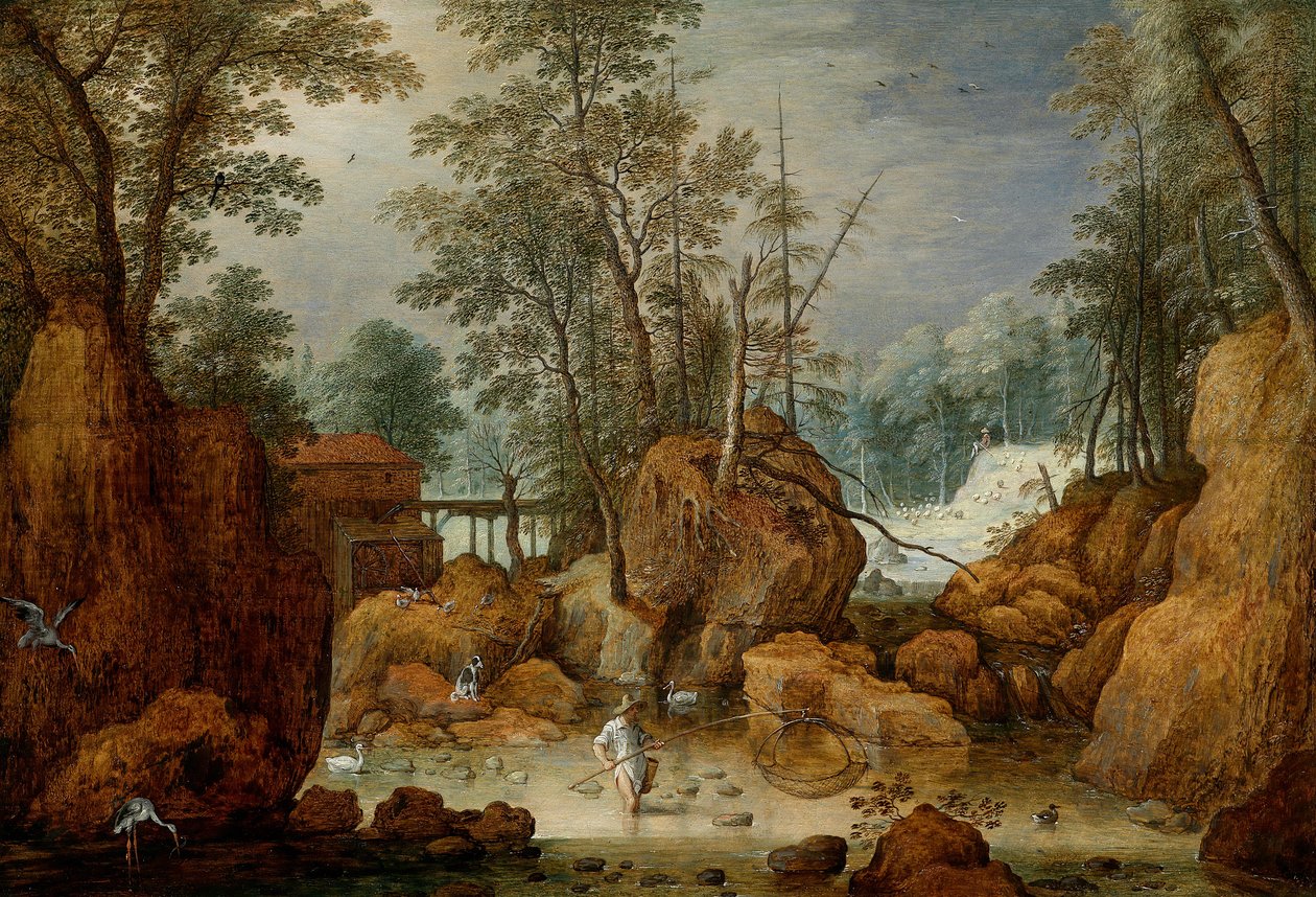 Un pescatore in un fiume in un paesaggio boscoso da Marten Ryckaert