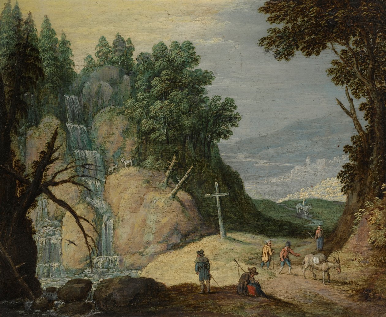 Un paesaggio roccioso con cascata e viaggiatori su un sentiero da Marten Ryckaert