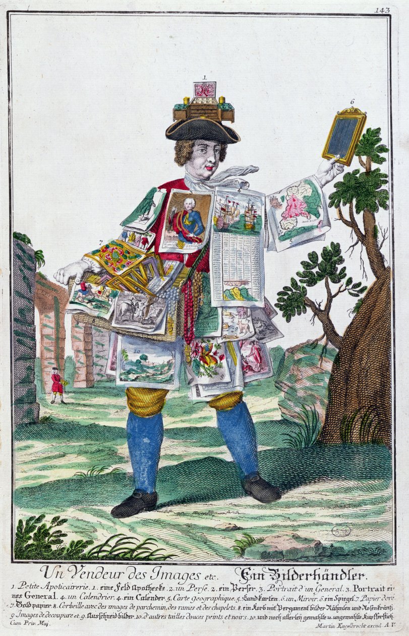 Venditore di quadri, c.1735 (incisione a colori) da Martin Engelbrecht