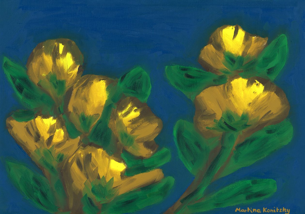 Rose gialle cielo serale composizione marrone giallo blu da Martina Konitzky