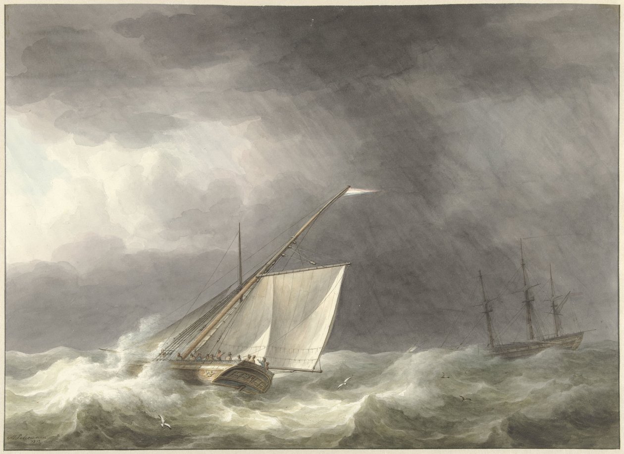 Due velieri su mare agitato da Martinus Schouman