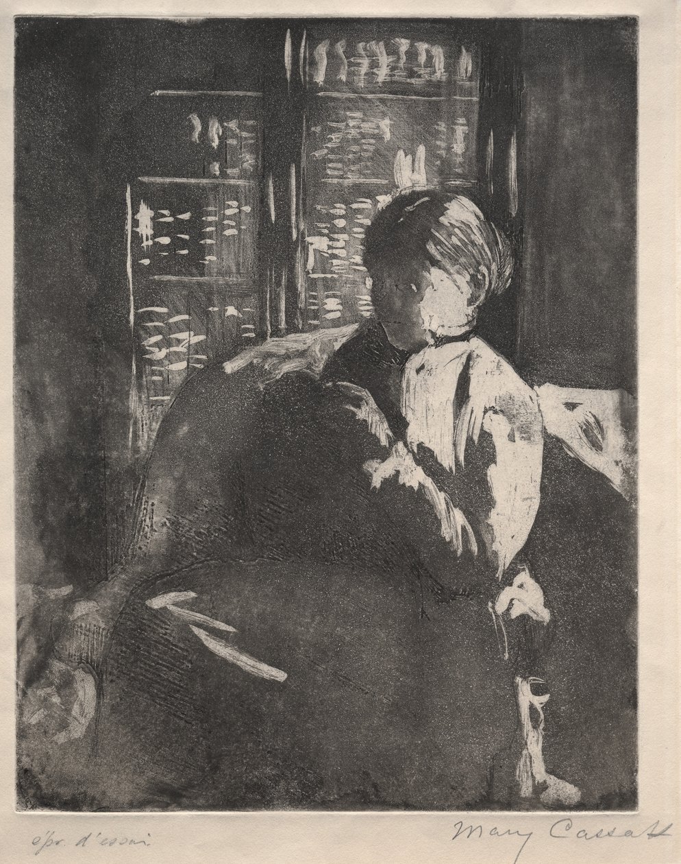 Lavoro a maglia in biblioteca, c. 1881 da Mary Cassatt
