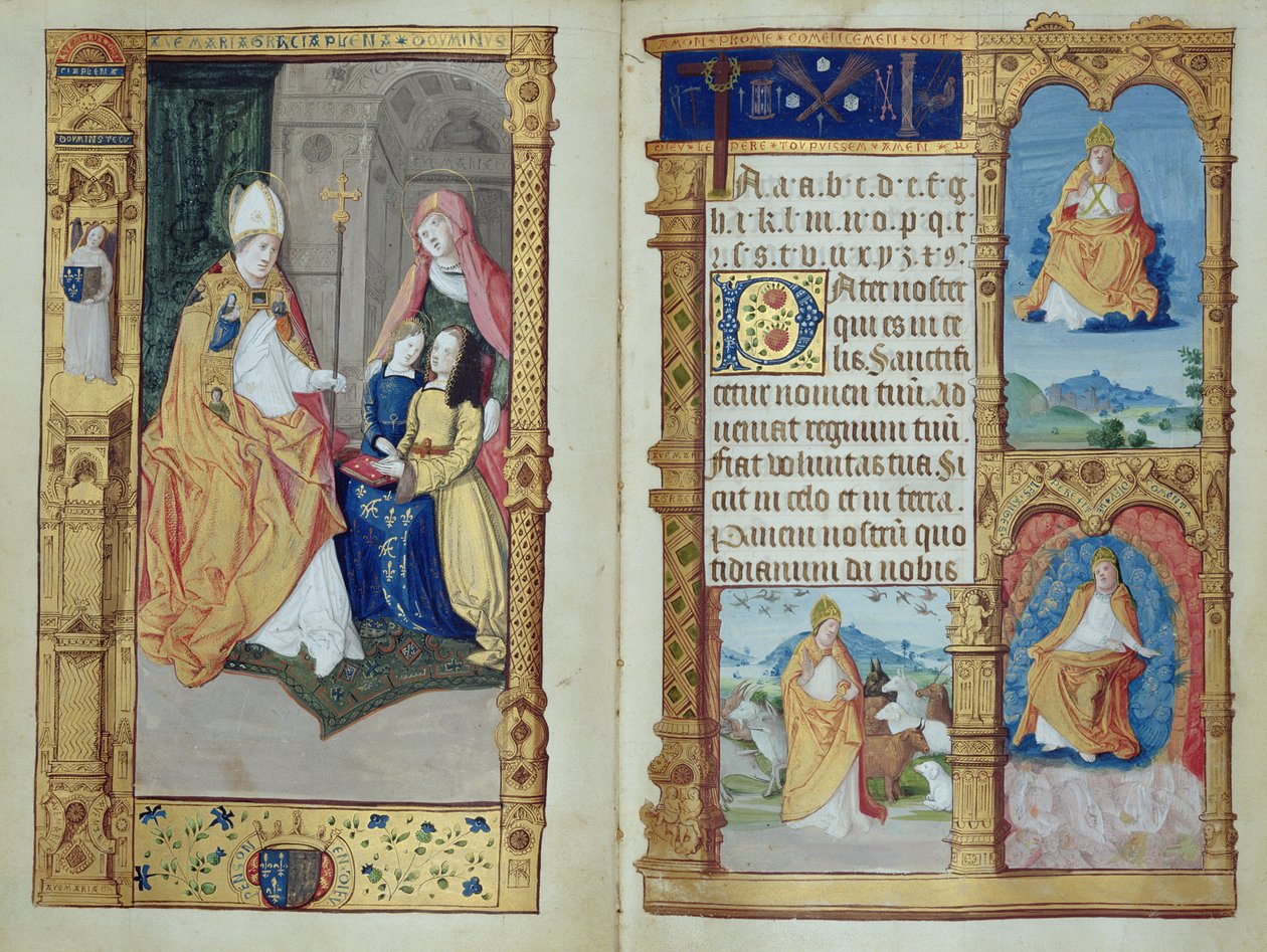 Una ragazza inginocchiata a una scrivania con la Vergine e i santi, da un Primer, c.1500-10 da Master of Antoine de Roche
