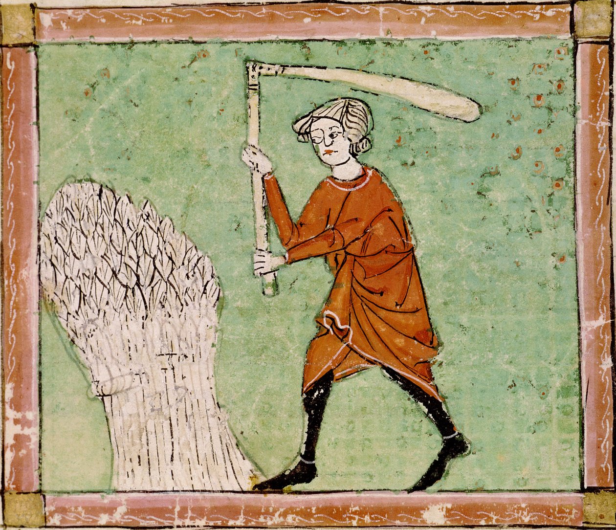 Fol.59r Agosto: Trebbiatura del grano da Matfre Ermengaut