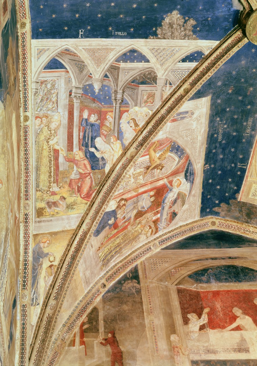 La resurrezione del figlio di Nerva, signore di Tulle, dettaglio dal soffitto della cappella del Tinel con scene della vita di San Marziale, 1344-45 da Matteo di Giovanetto da Viterbo