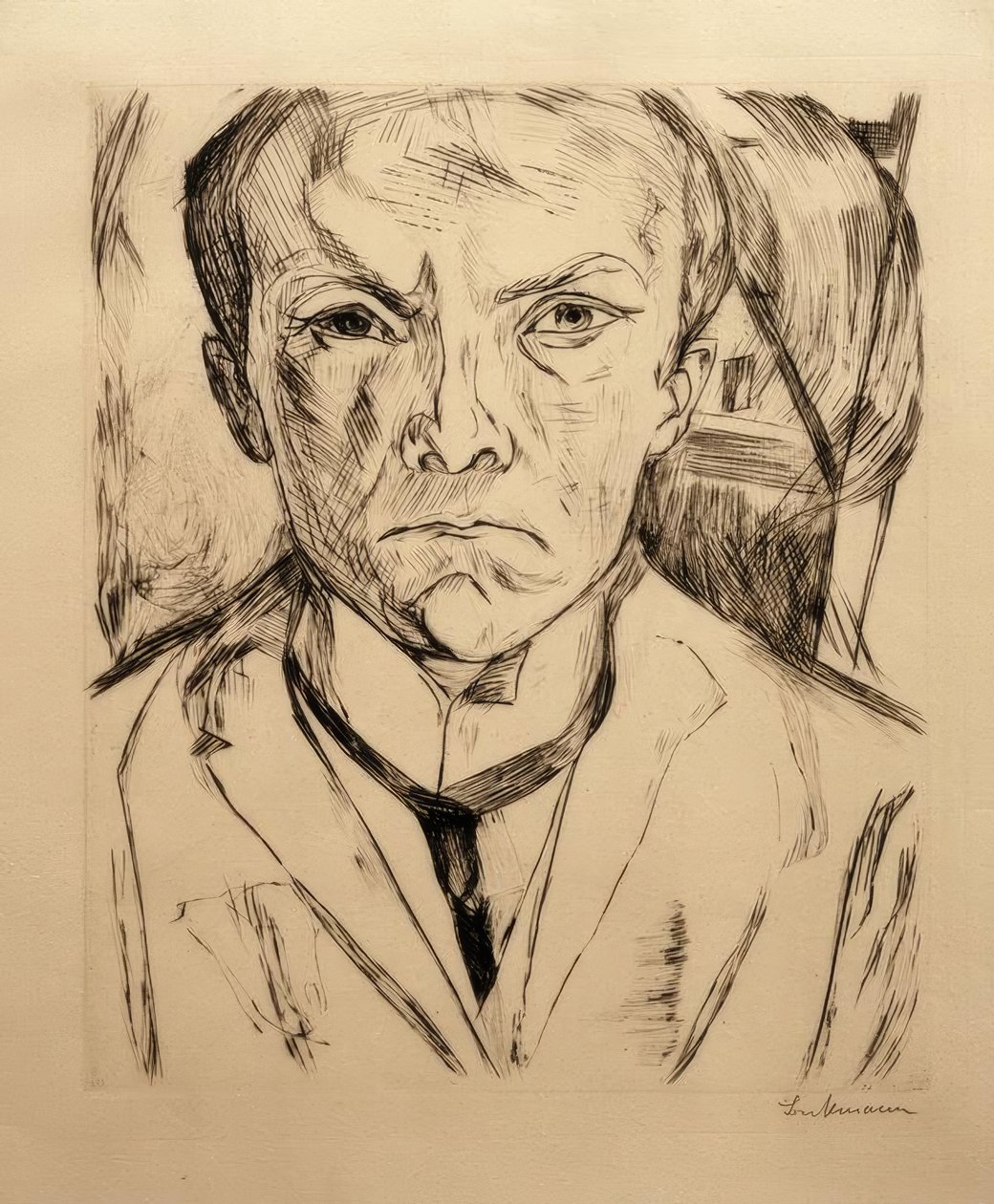 Autoritratto di fronte, con sfondo di frontone di casa da Max Beckmann