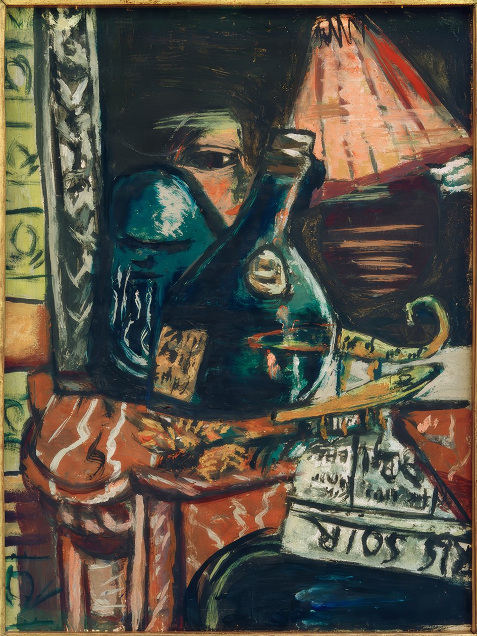 Natura morta con bottiglia di liquore inclinata e Buddha da Max Beckmann