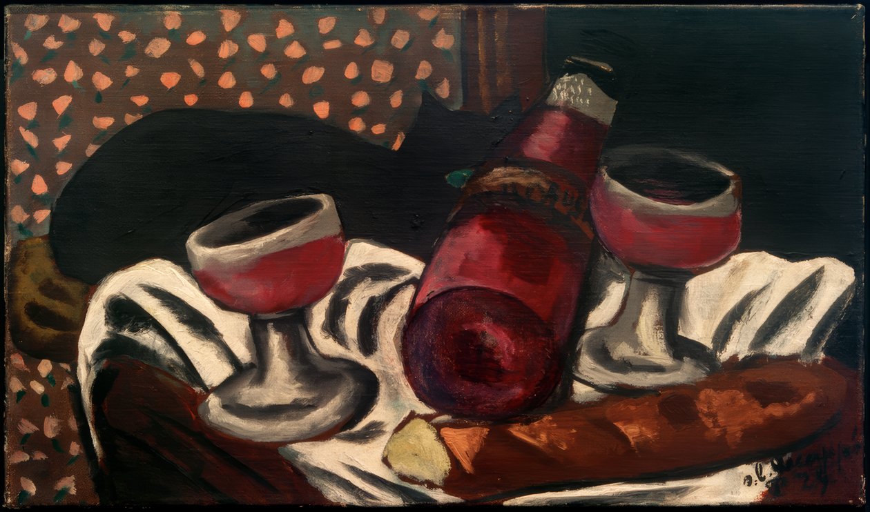 Natura morta con bicchieri di vino e gatto da Max Beckmann