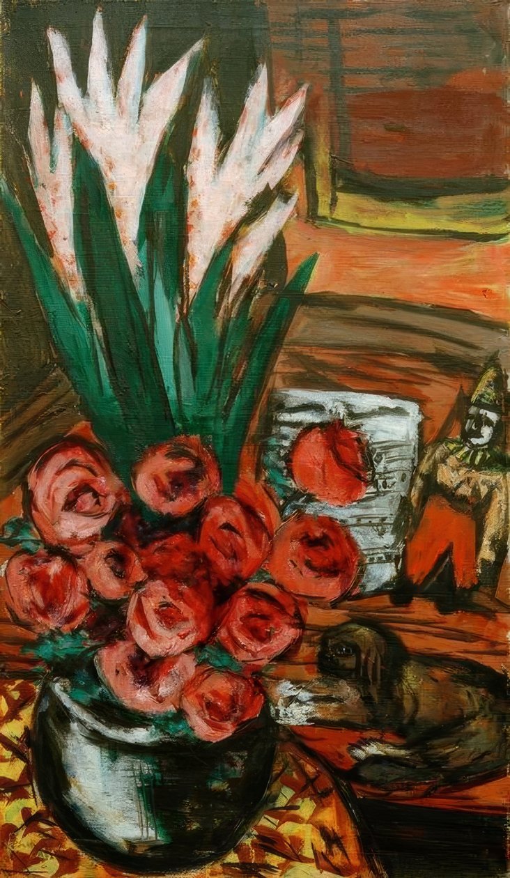 Natura morta con rose rosse e Butchy da Max Beckmann