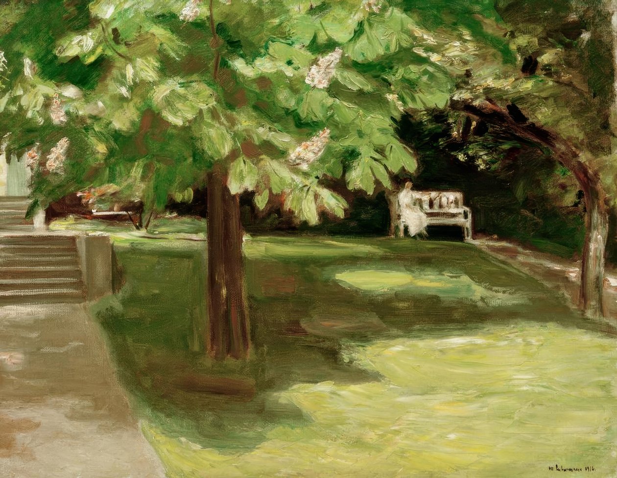 Panchina da giardino sotto il castagno - Castagni in fiore da Max Liebermann