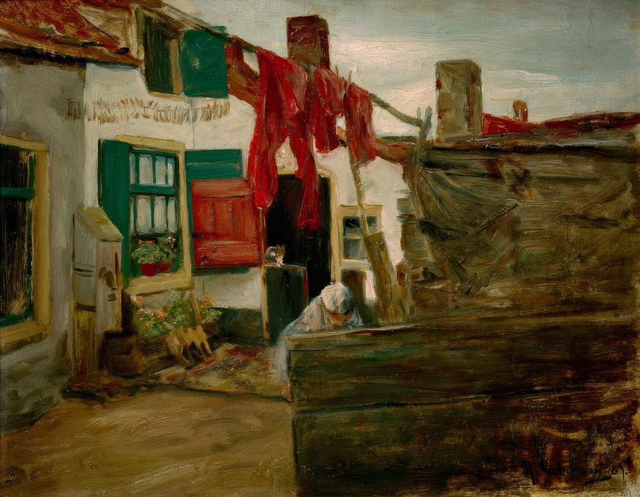 Angolo di villaggio olandese con biancheria stesa da Max Liebermann