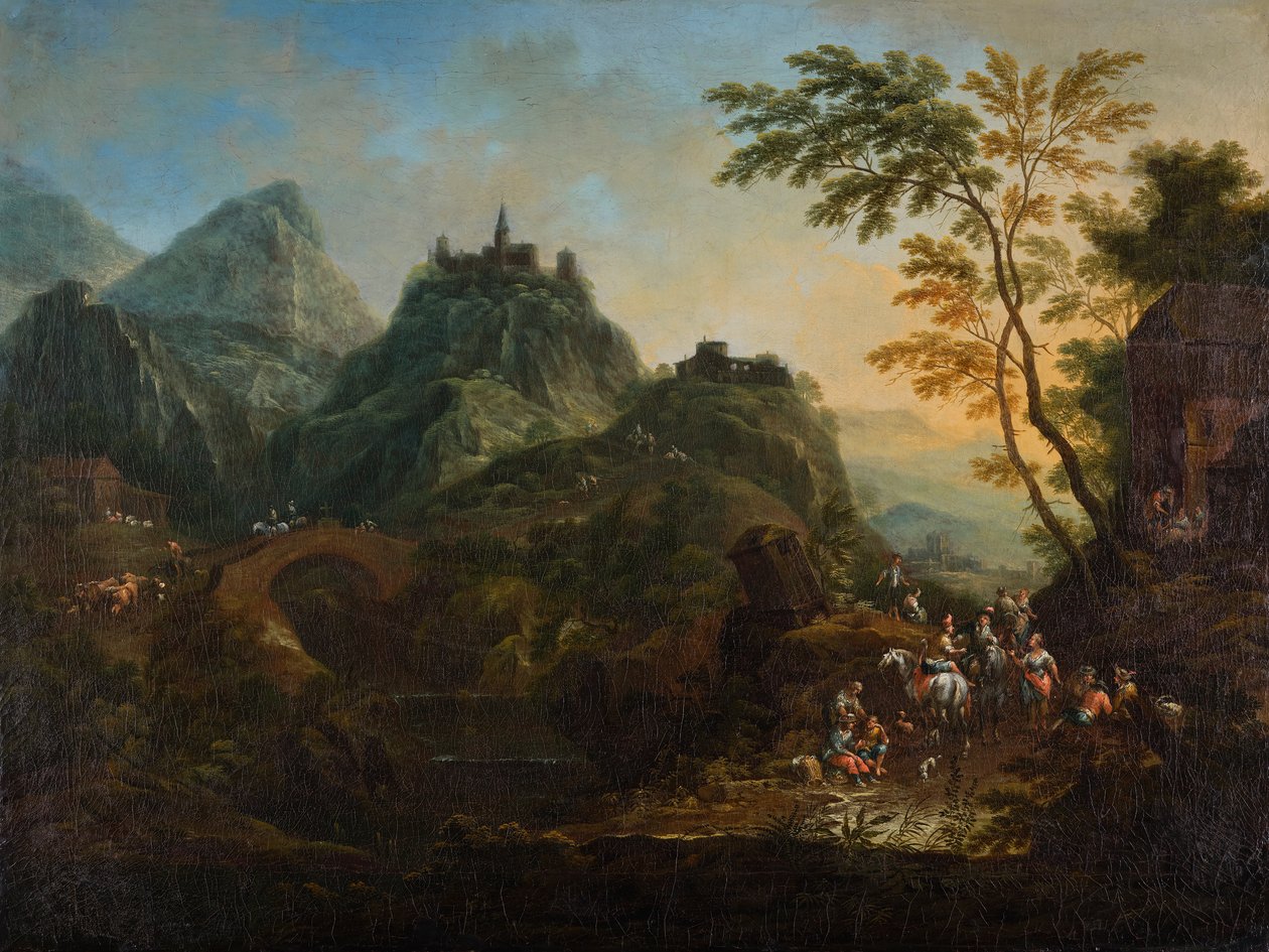 Paesaggio montano ideale con ponte da Maximilian Joseph Schinnagl